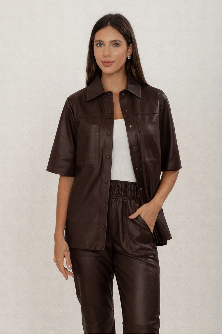 Camisa Couro Longa - Marom Caf�