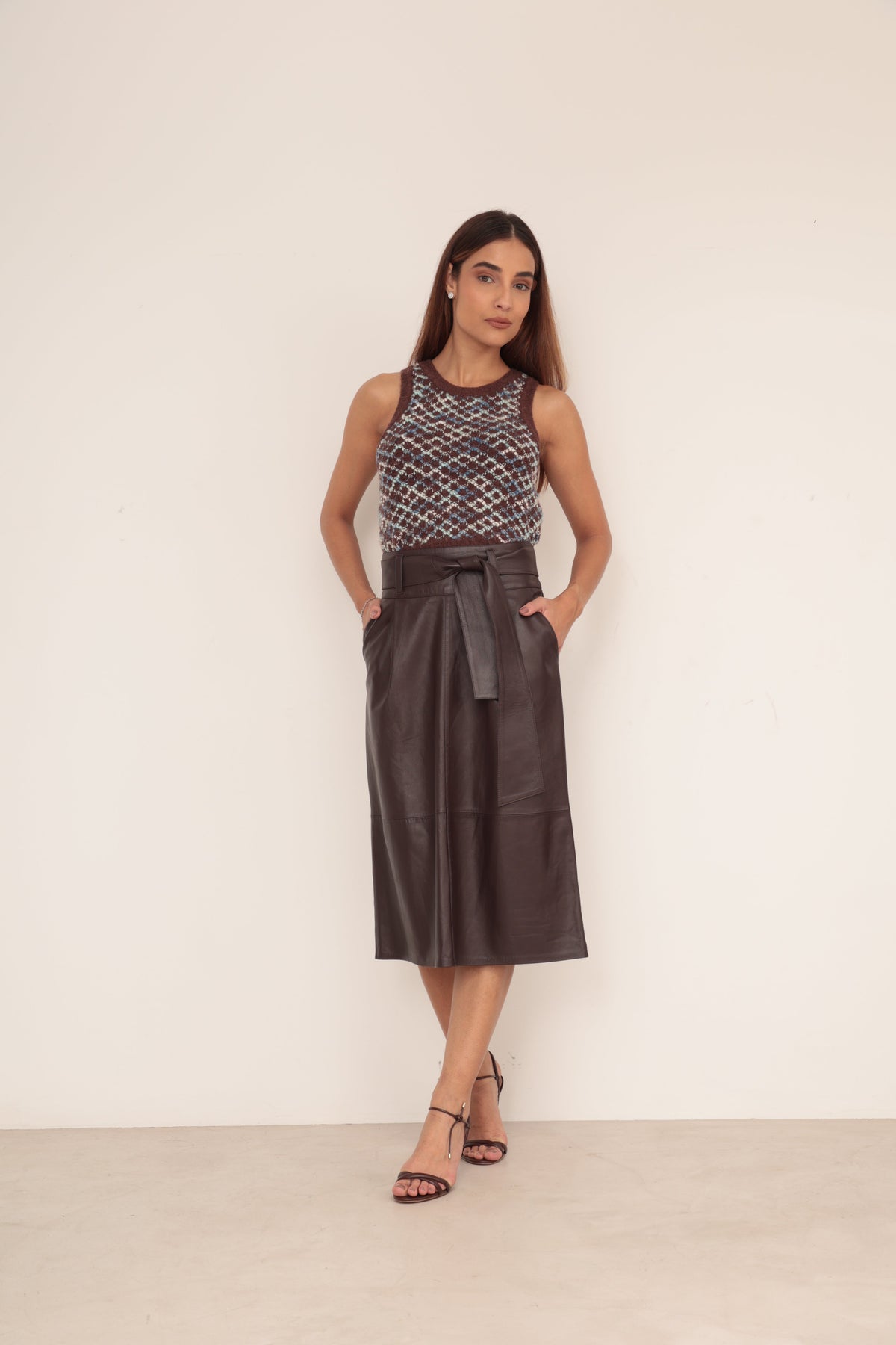 Saia Midi Faixa - Marrom Caf�