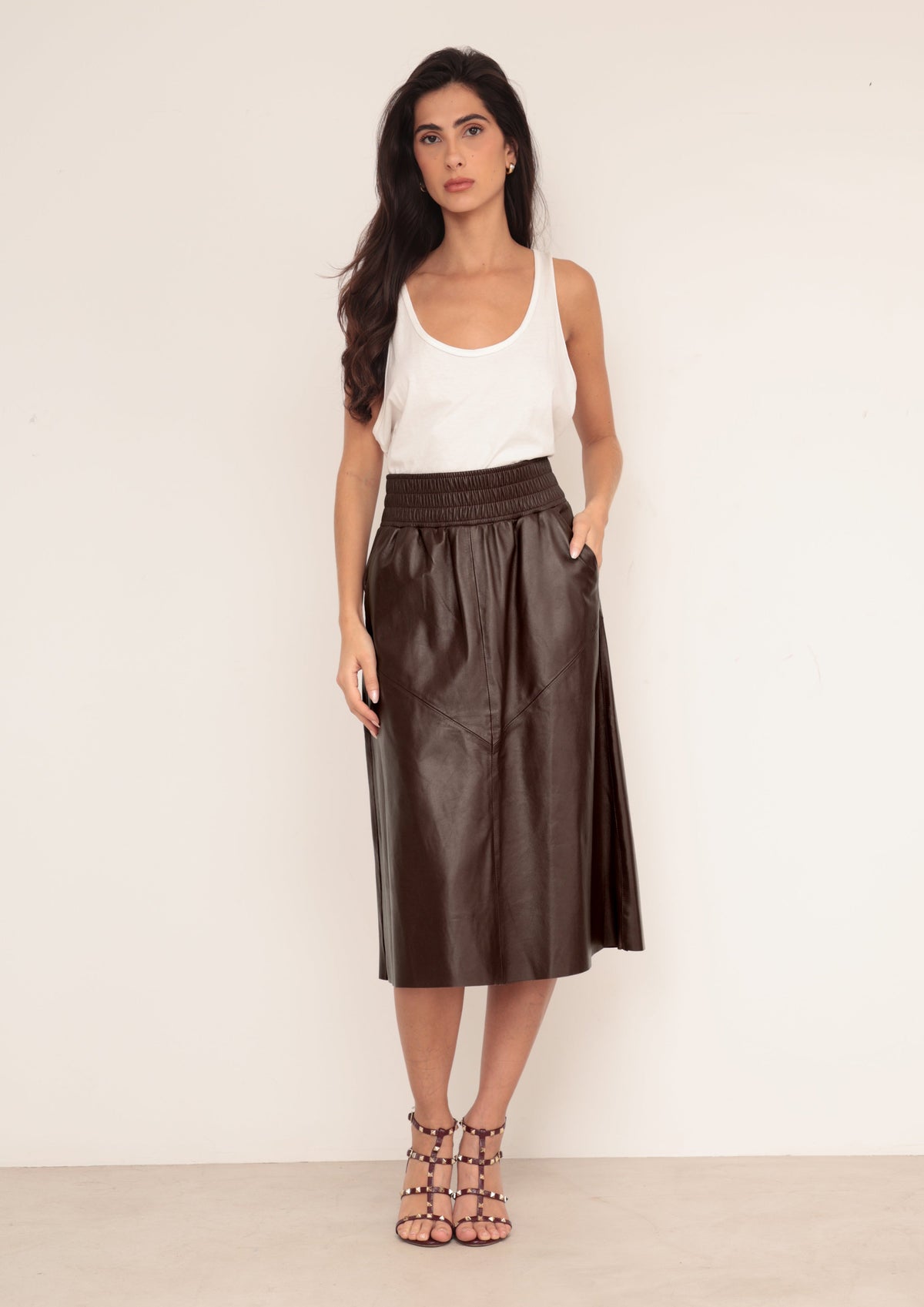 Saia Midi El�stico - Marrom Caf�